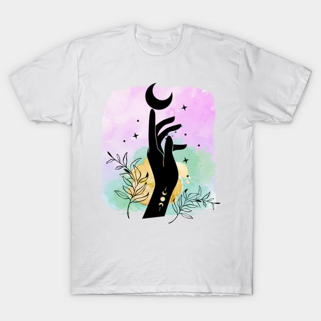 Goddess Hand and moon with watercolor background T-Shirt by artofstacy